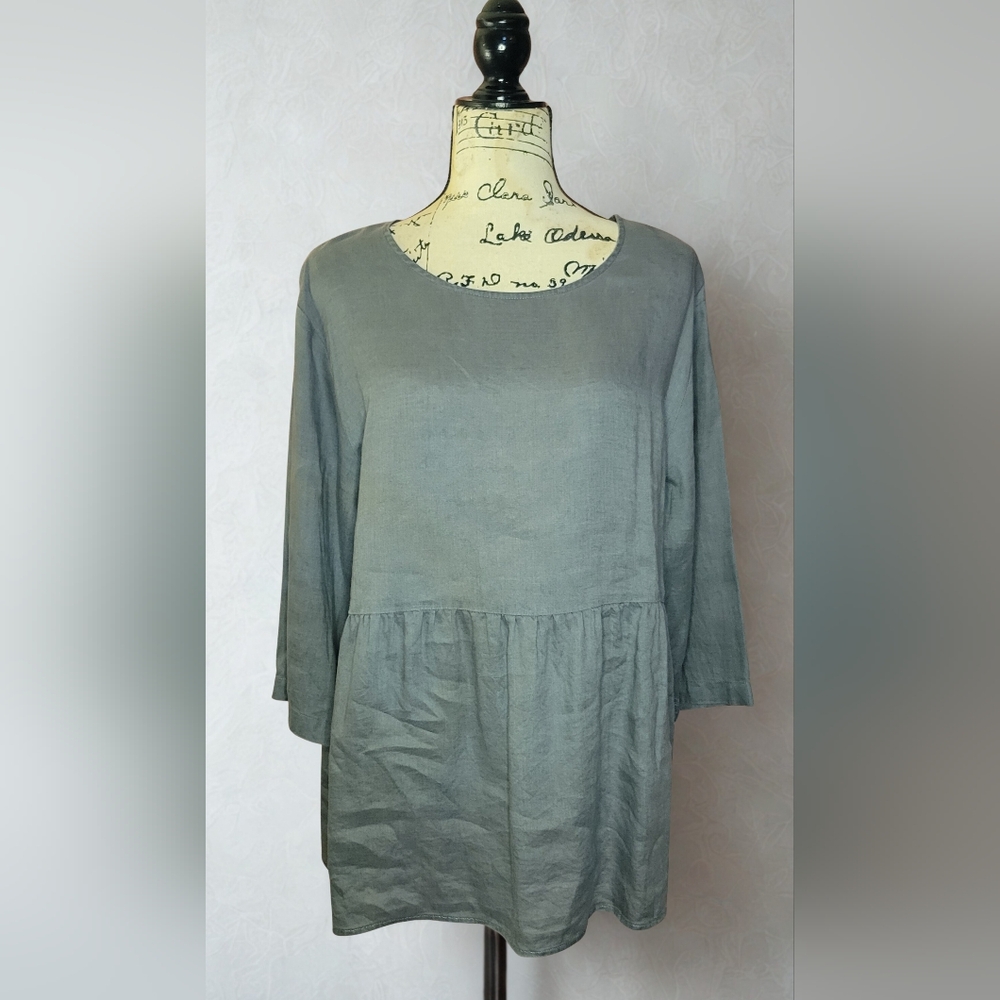 purejill Linen Gray 3/4 Sleeve Flared Baby-doll Scoop-Neck Tunic Top Size Small